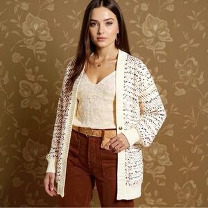 Anthropologie Marled-Knit Chunky Cardigan Open Front One Size Earthy Cream